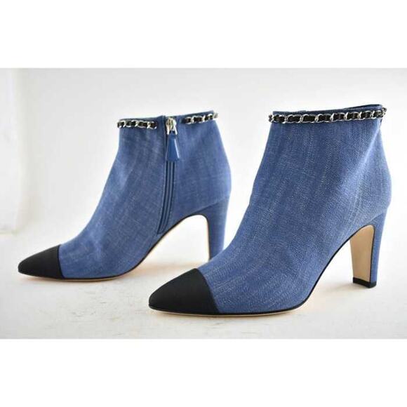 Chanel 20C Blue Denim Fabric Black Chain CC Logo Short Ankle Heel Boot Bootie 39 - Picture 9 of 11